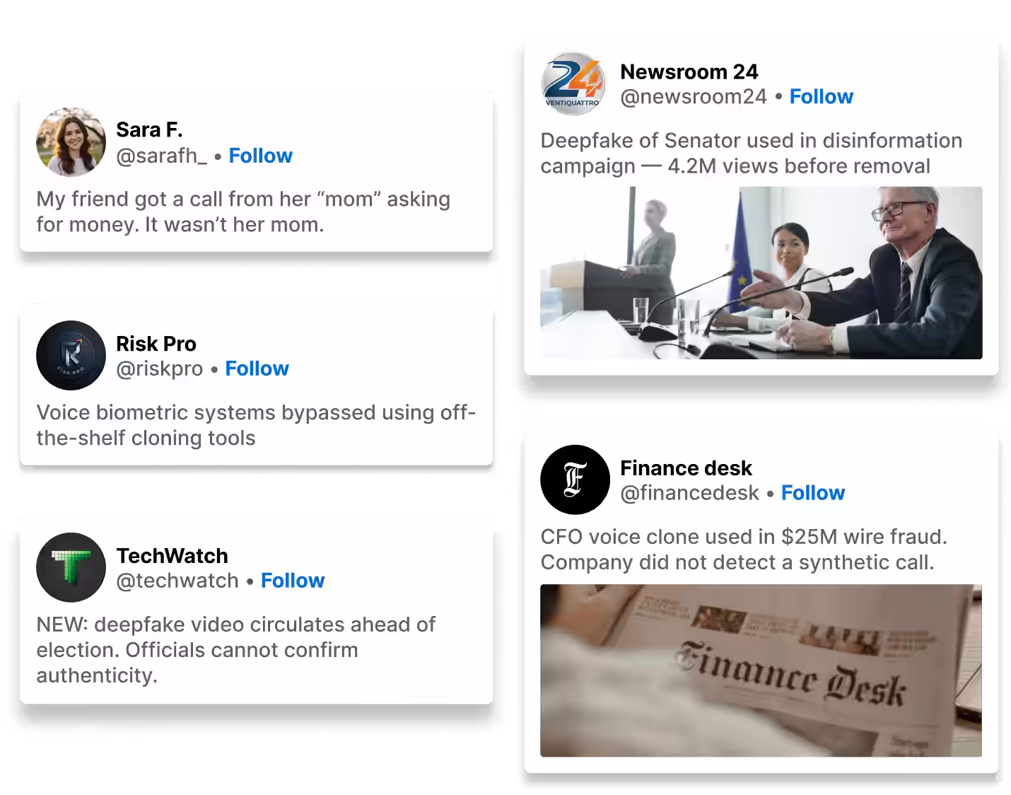 Collection of tweets discussing deepfake and voice cloning technologies used in scams and disinformation, including a call from a fake 'mom', a senator deepfake, voice biometric bypass, and a $25M wire fraud with a CFO voice clone.