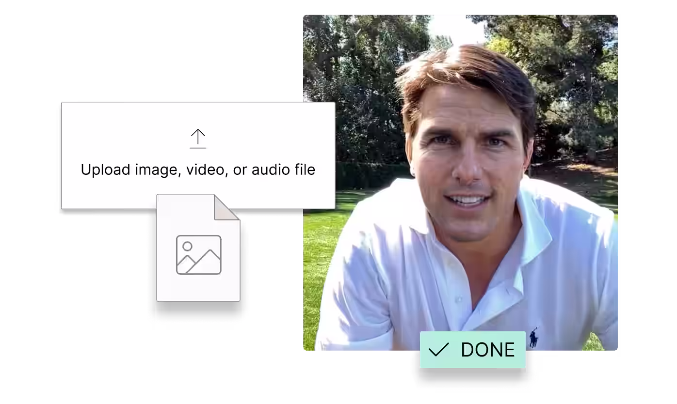 A man in a white polo shirt is looking at the camera outdoors with trees and grass in the background; overlaid text says 'Upload image, video, or audio file' with an upload icon and a 'Done' button.