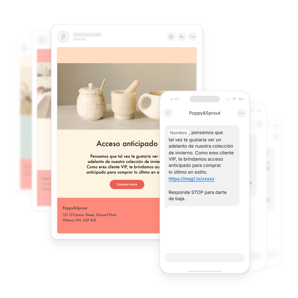 La imagen muestra una pila de tarjetas promocionales para descuentos, actualizaciones de productos y ofertas anticipadas que se pueden enviar por correo electrónico y SMS. La tarjeta promocional superior muestra la marca de ejemplo Poppy&Sprout con tres piezas de cerámica para la cocina.
