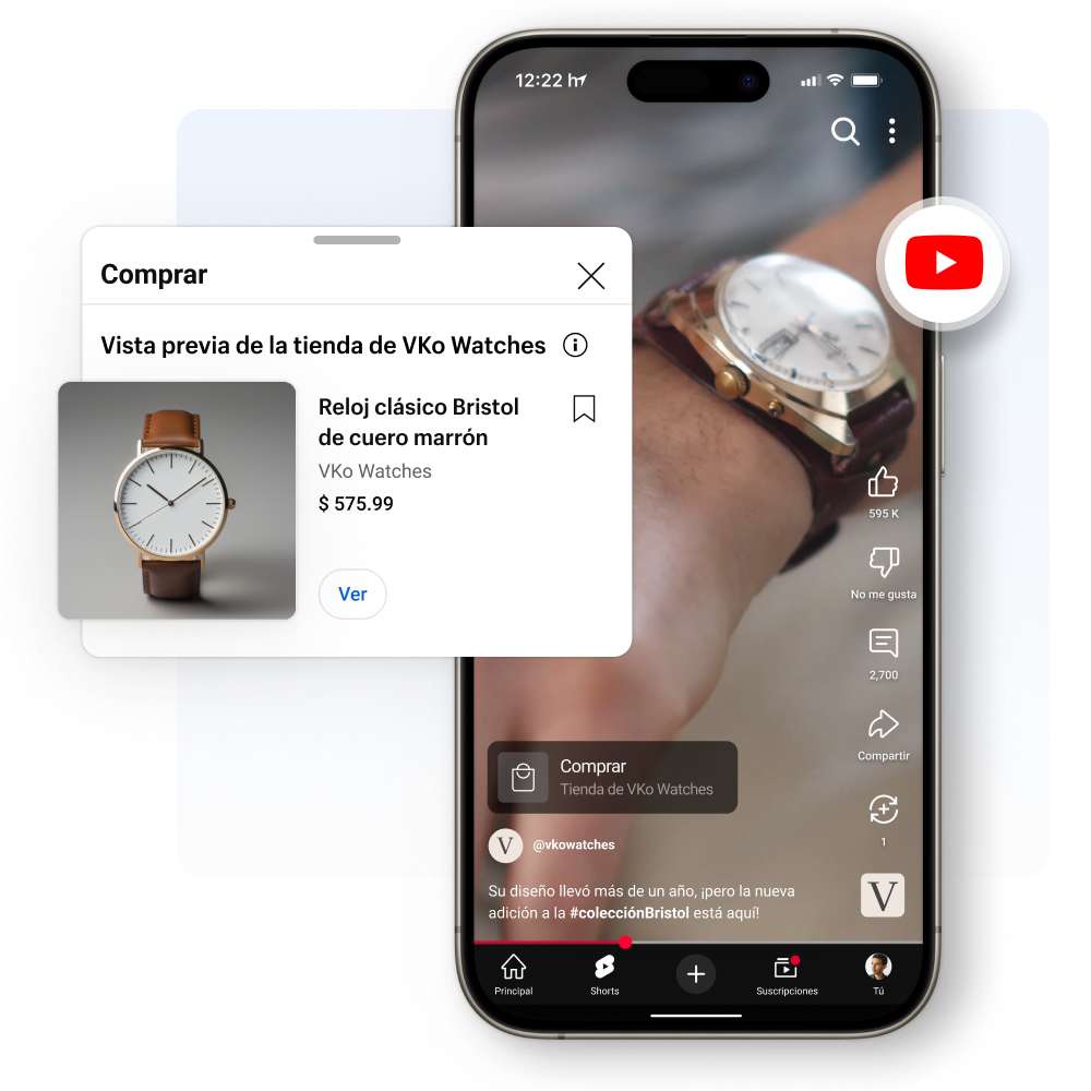 Un primer plano en YouTube de un hombre que lleva un reloj de color café en la muñeca. En el recuadro del video se superpone una ficha de producto con un reloj café a la venta.
