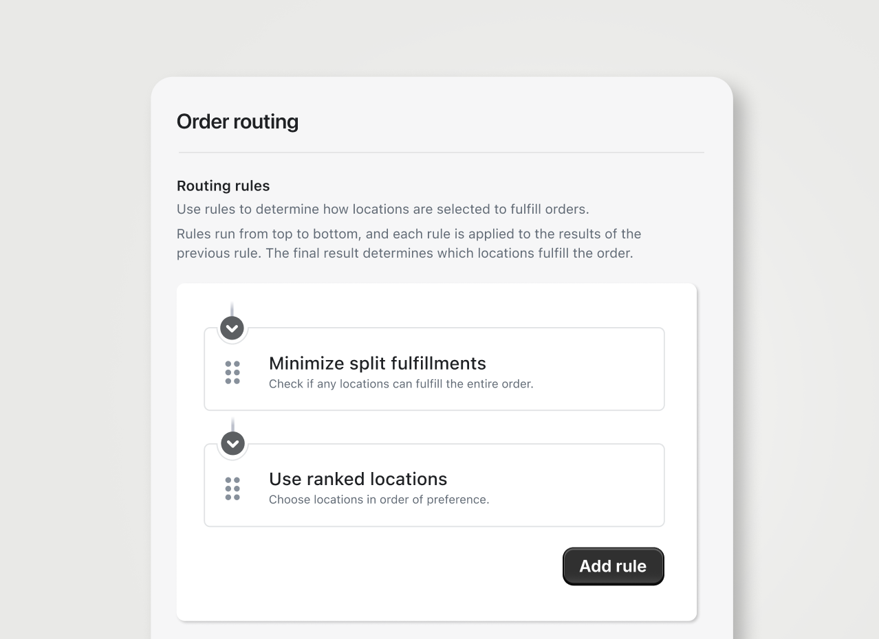This is a short video with no audio that shows the order routing experience. It depicts the user clicking on an "add routing rule" button, browsing a list of order routing rules, and selecting "ship from the closest location". It then moves into a list of locations where the one closest to the customer rises to the top, indicating the system automatically picks the location for fulfillment.