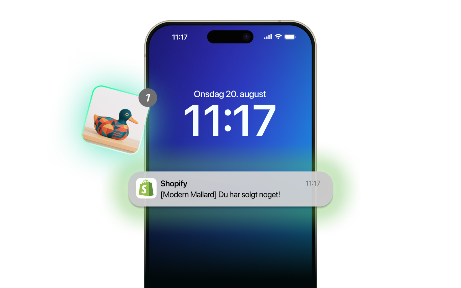 Interaktiv animation, der viser en Shopify-webshop, hvor en person føjer en udskåret, malet and til sin indkøbskurv og derefter køber den. Købet omdannes til en telefonbesked til shopejeren om, at vedkommende har foretaget et salg.