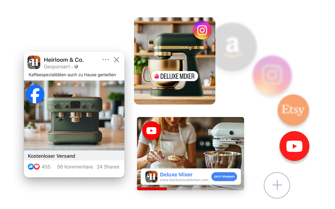 Interaktives Element zeigt, wie verschiedene Vertriebskanäle wie YouTube, Instagram und Etsy hinzugefügt werden