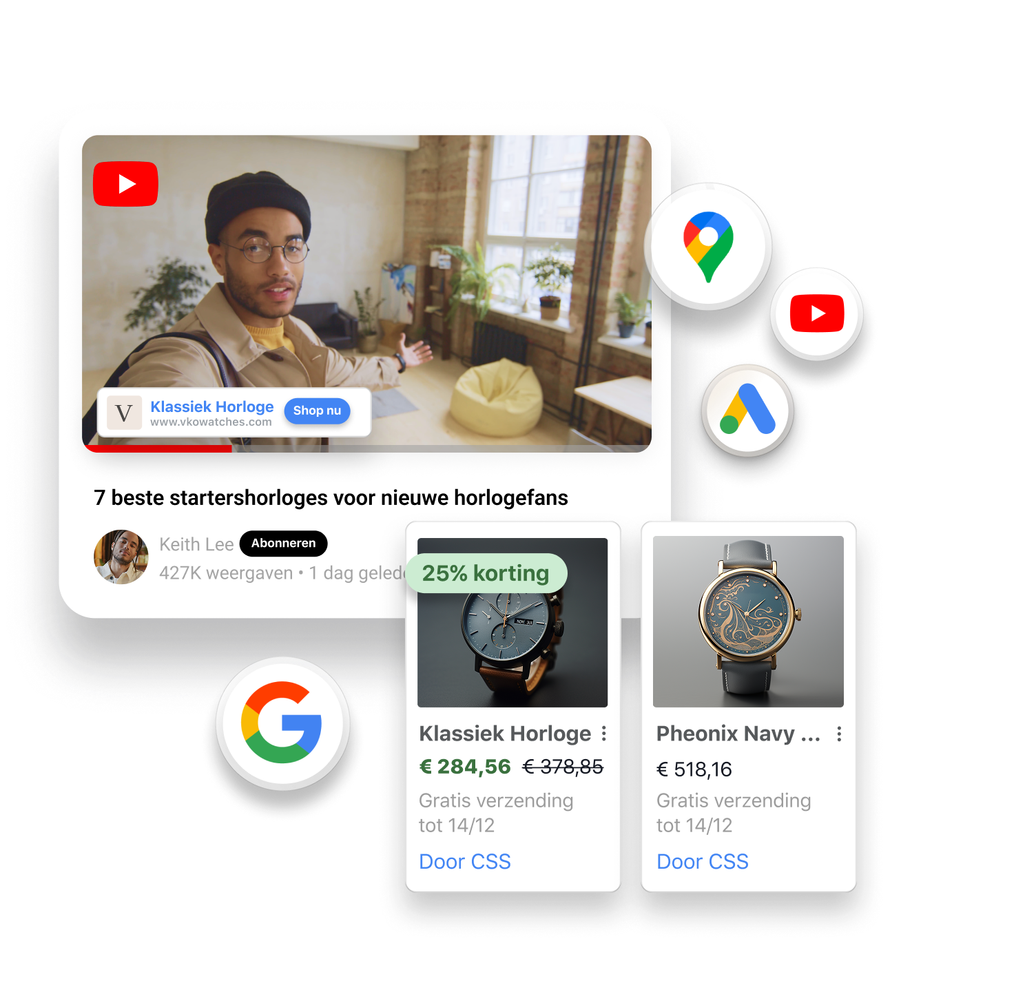 Een YouTube-video van een man die een bruin horloge draagt en in de camera praat. Producttegels met twee horloges die te koop zijn worden weergegeven over het venster van de video. Kleine logo's rondom de vensters zijn onder andere: Google, Google Maps, Google Shopping en YouTube.