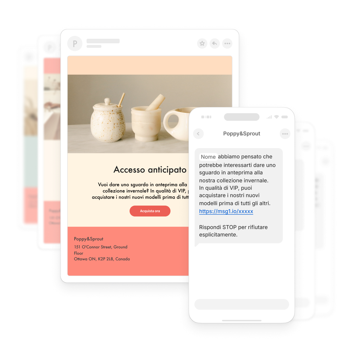 L'immagine rappresenta una pila di schede promozionali per sconti, aggiornamenti di prodotto e offerte anticipate che possono essere inviate tramite email e SMS. La scheda promozionale più importante presenta il brand di esempio Poppy&Sprout con tre pentole in ceramica.