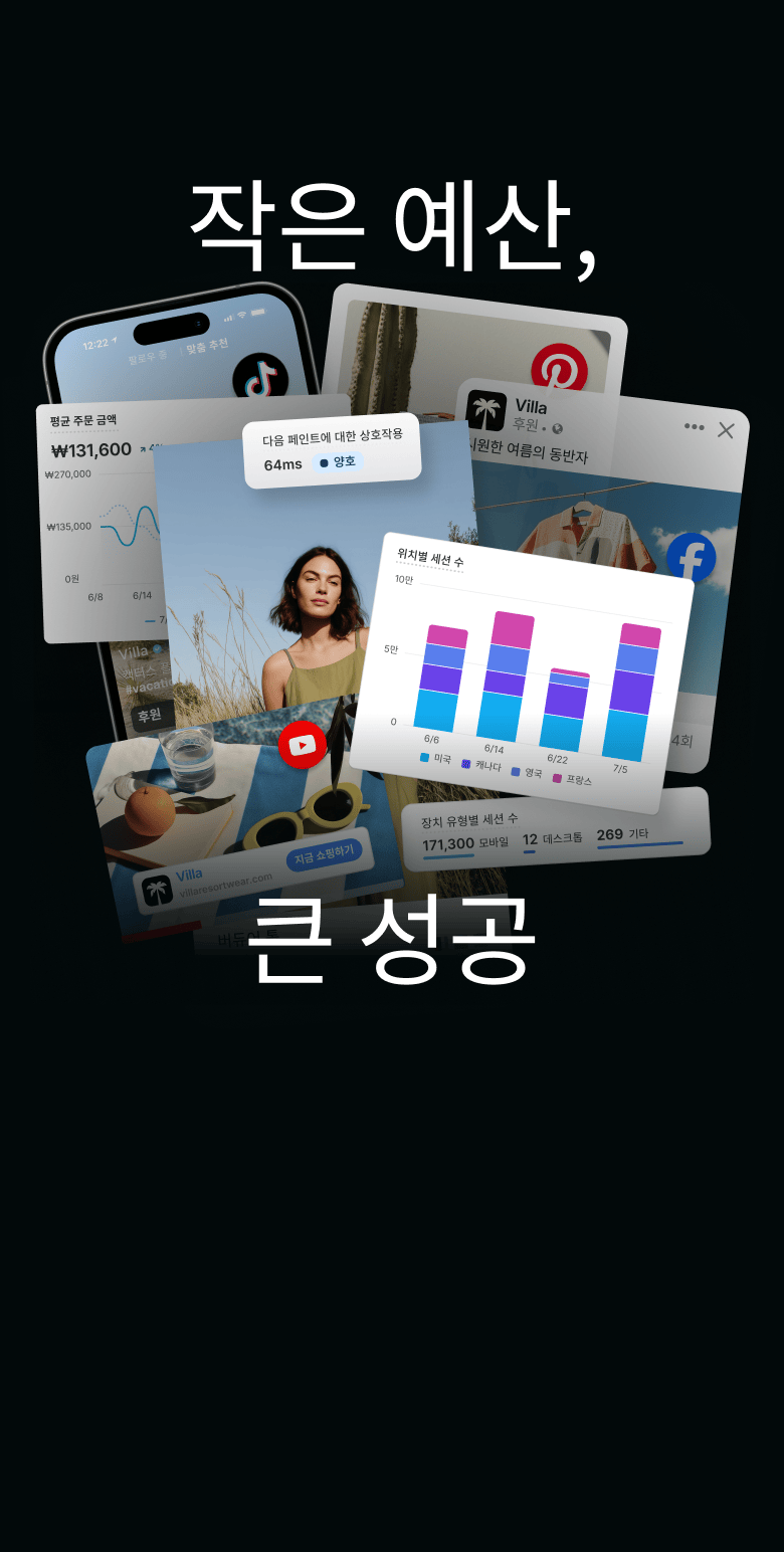 판매자 분석, 판매, 고객 도달 범위 등 Shopify 플랫폼의 다양한 요소와 성장세를 보이는 고객 주문 내역이 화면에 표시되고 서로 겹치면서 쌓이는 애니메이션.