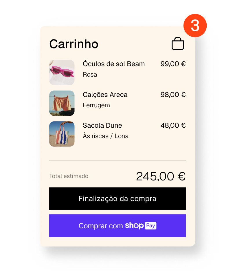 Animação que mostra um carrinho de compras online a passar de um para três artigos, com um botão para finalizar a compra e um botão do Shop Pay.