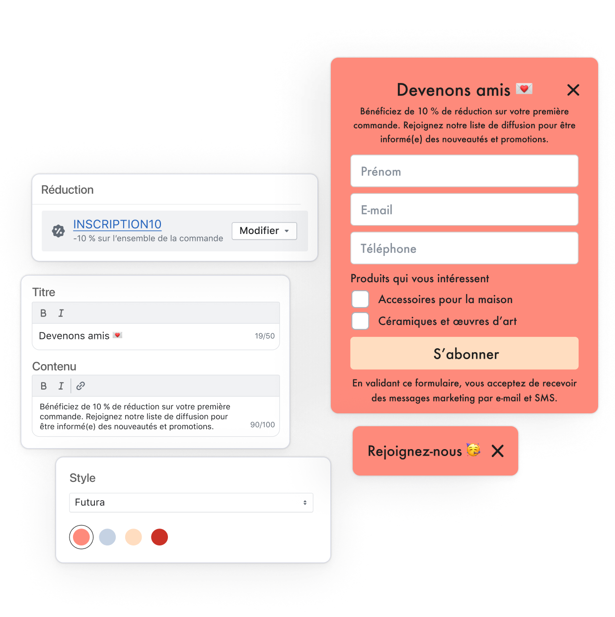 L’image affiche une fenêtre contextuelle d’abonnement proposant une réduction de 10 %, avec des champs pour le nom, l’adresse e-mail et le numéro de téléphone. En parallèle, des éléments d’interface utilisateur interne montrent les options de réduction, de contenu et de design pour ce formulaire.