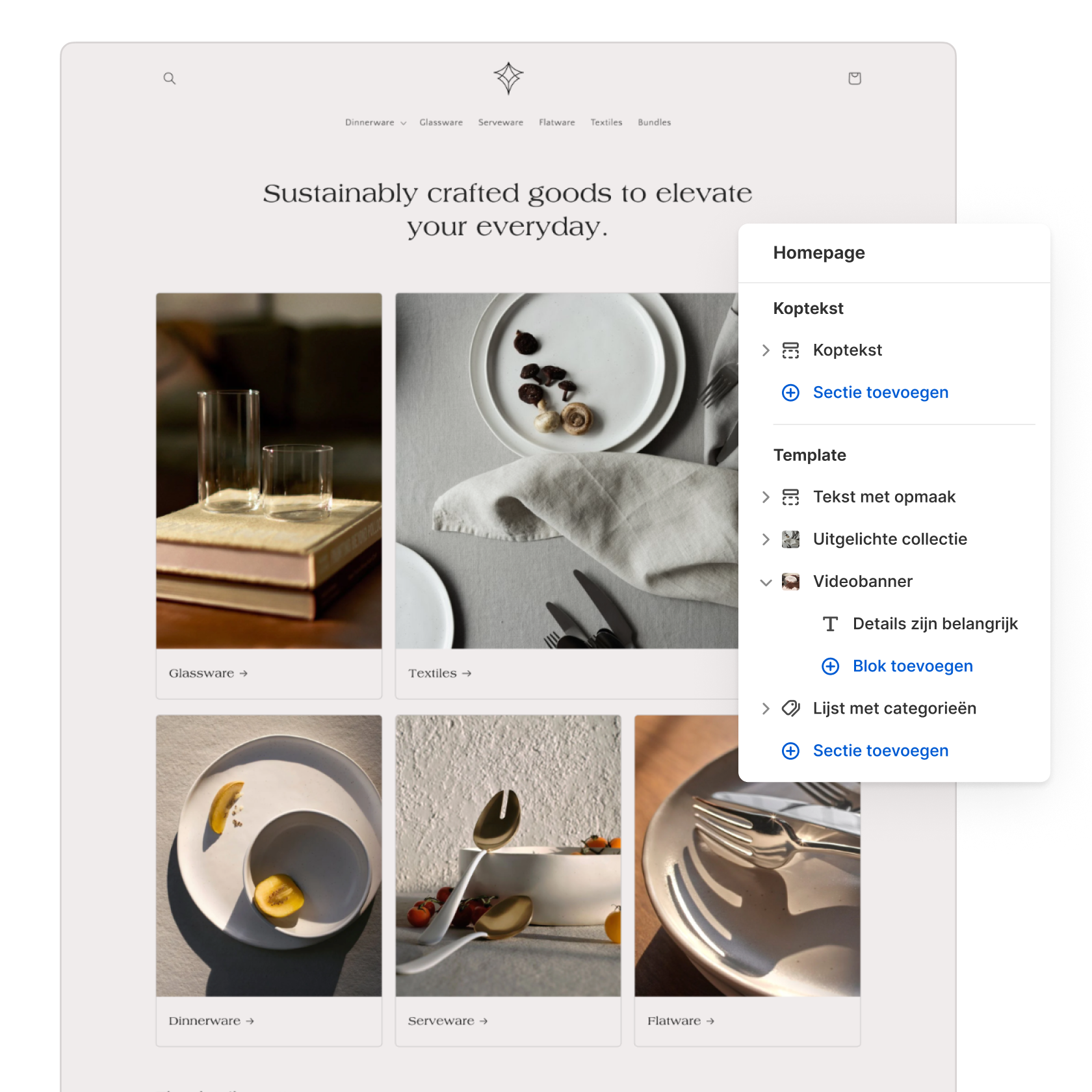 Een collage die de website toont van een merk dat woonaccessoires verkoopt met een overlay van de Shopify-themabewerker