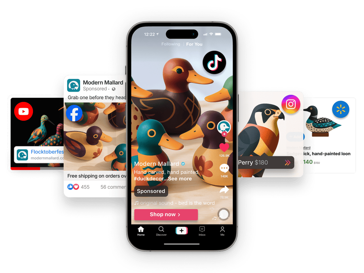 Telefón zobrazujúci reklamu na vyrezávané maľované drevené kačice na sieťach TikTok, Meta, YouTube, Instagram a v obchode Walmart.