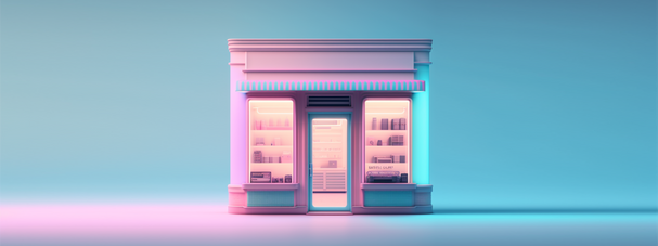 一間風格化的店面,透亮的展示櫥窗中擺放著商品陳列架,背景為柔和的漸層色調