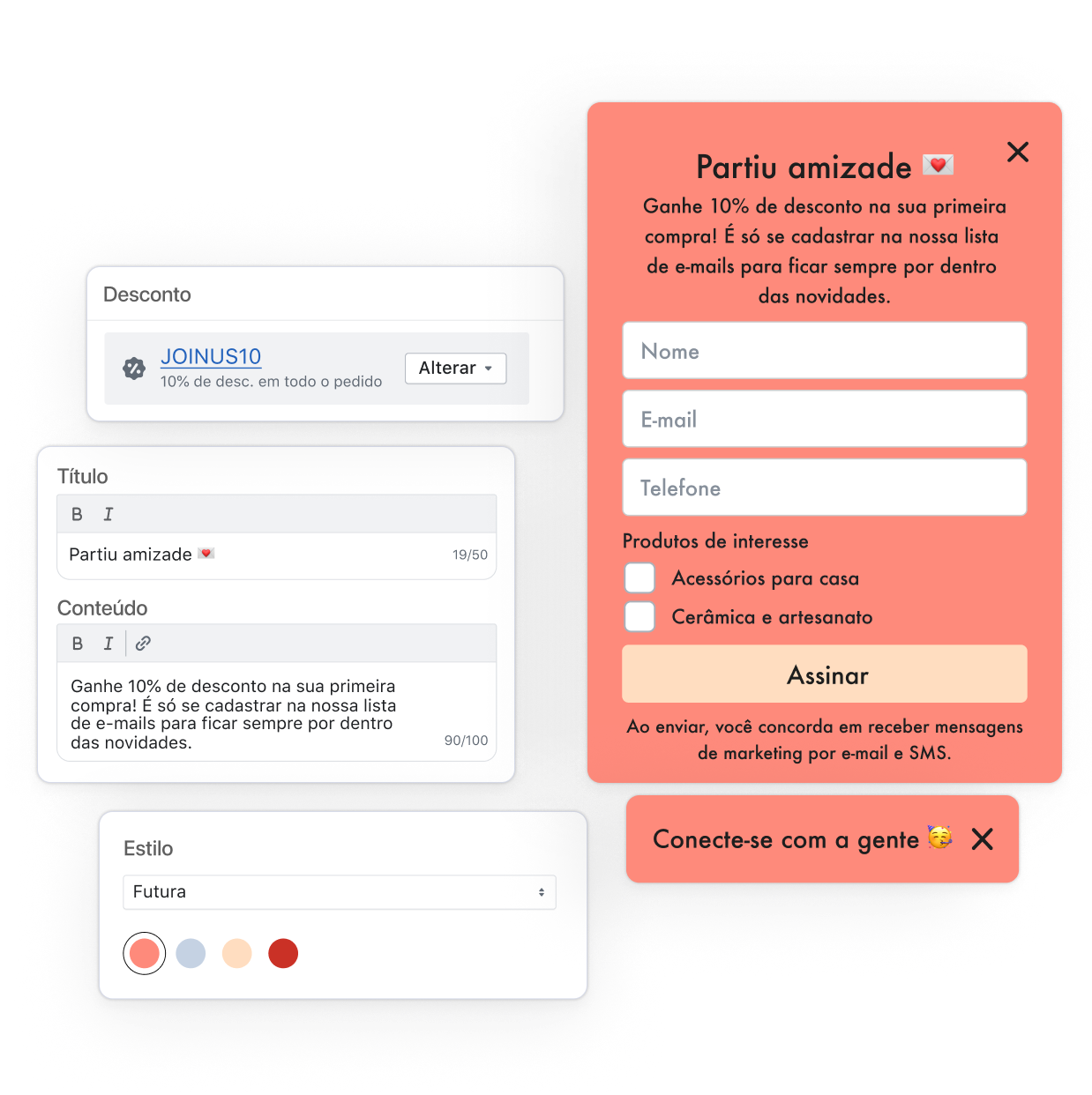 A imagem exibe uma janela pop-up de assinatura oferecendo um desconto de 10%, contendo campos para inserir nome, e-mail e número de telefone, juntamente com componentes internos da interface do usuário que mostram o desconto, o conteúdo e as opções de design do formulário.