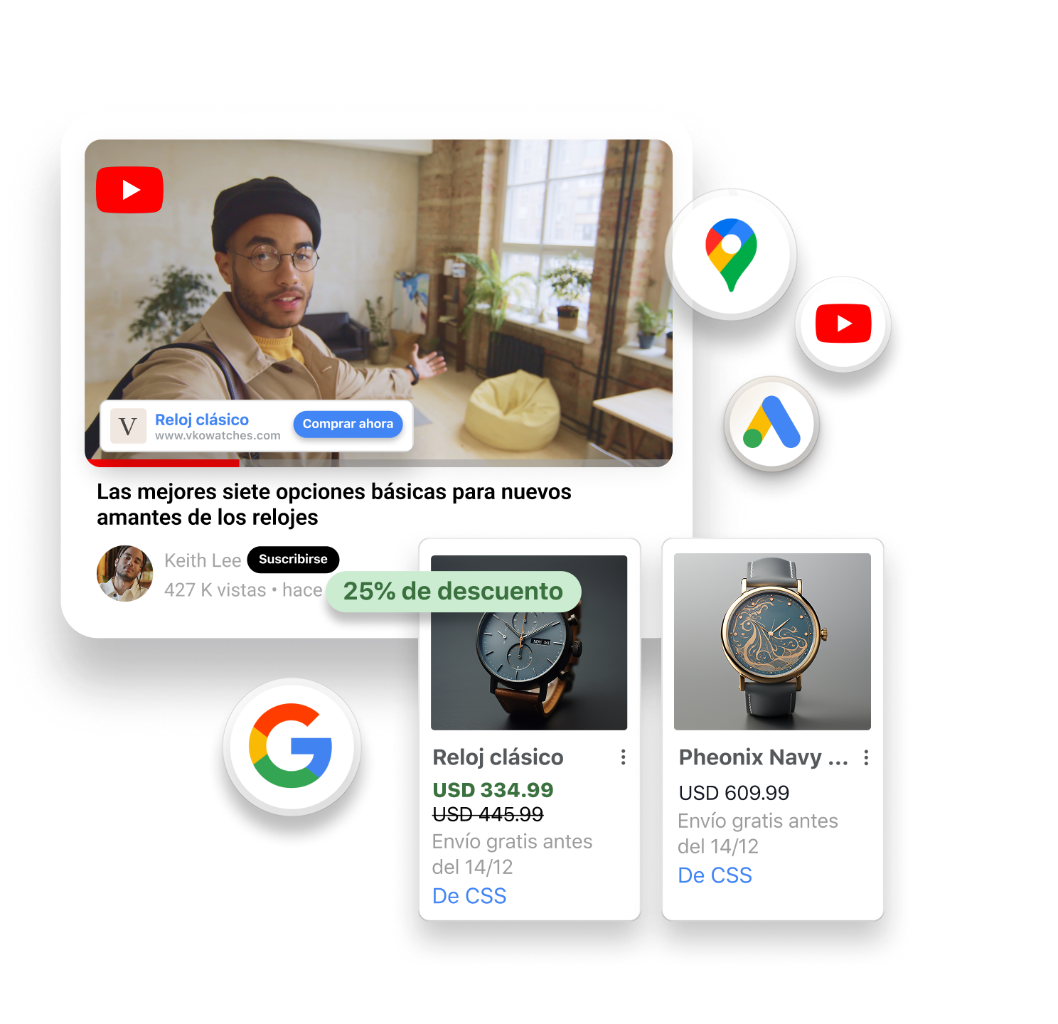 Video de YouTube en el que se muestra a un hombre con un reloj café en la muñeca hablando a la cámara. Sobre la ventana del video se muestra un recuadro de producto con dos relojes a la venta. Alrededor de las ventanas se muestran los logos de Google, Google Maps, Google Shopping y YouTube en tamaño pequeño.