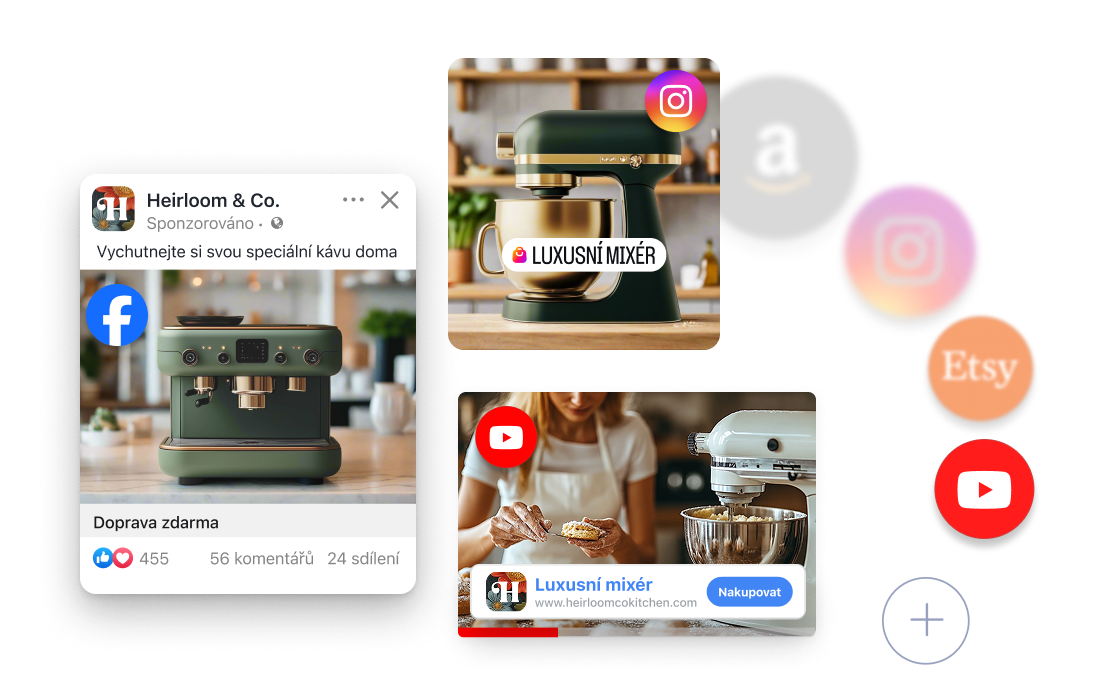 Interaktivní zobrazení přidání různých kanálů, ve kterých můžete prodávat, jako je YouTube, Instagram, Etsy