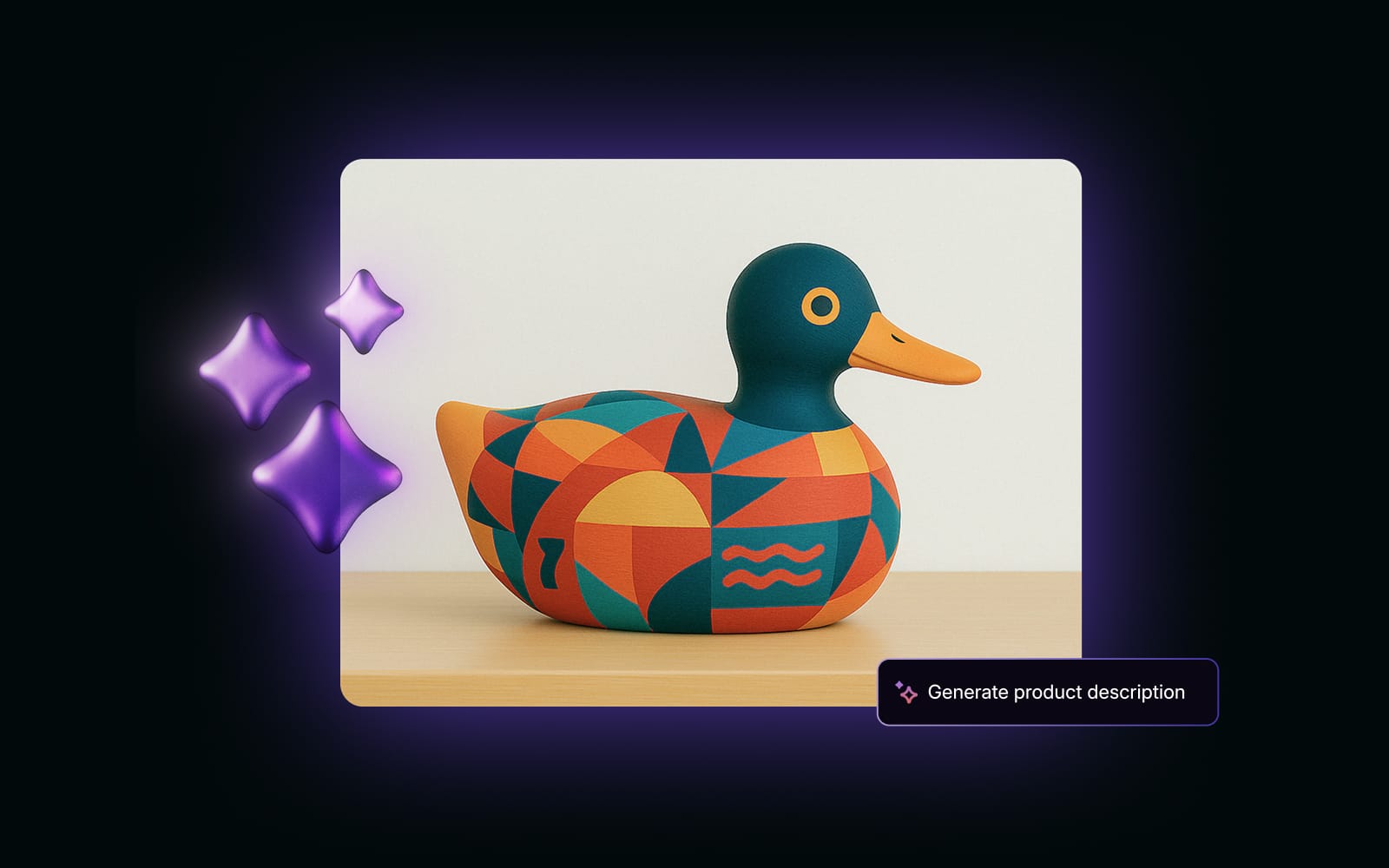 Interaktívna animácia, ktorá ukazuje fotografiu vyrezávanej a maľovanej kačice s neusporiadaným pozadím. Asistent umelej inteligencie od Shopify pozadie nahradí a následne vygeneruje opis produktu.