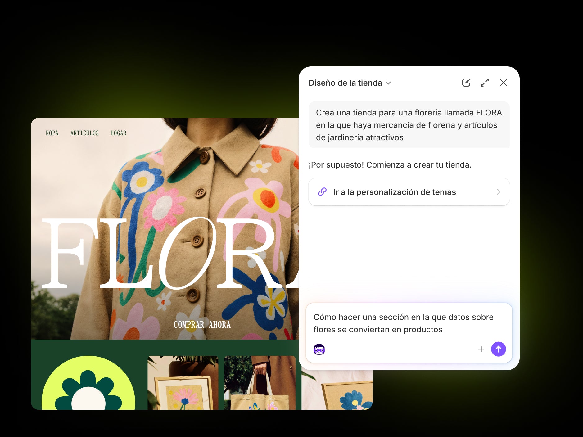 Avatar de Sidekick Designer crea la tienda de flores personalizada FLORA a partir de la descripción del usuario