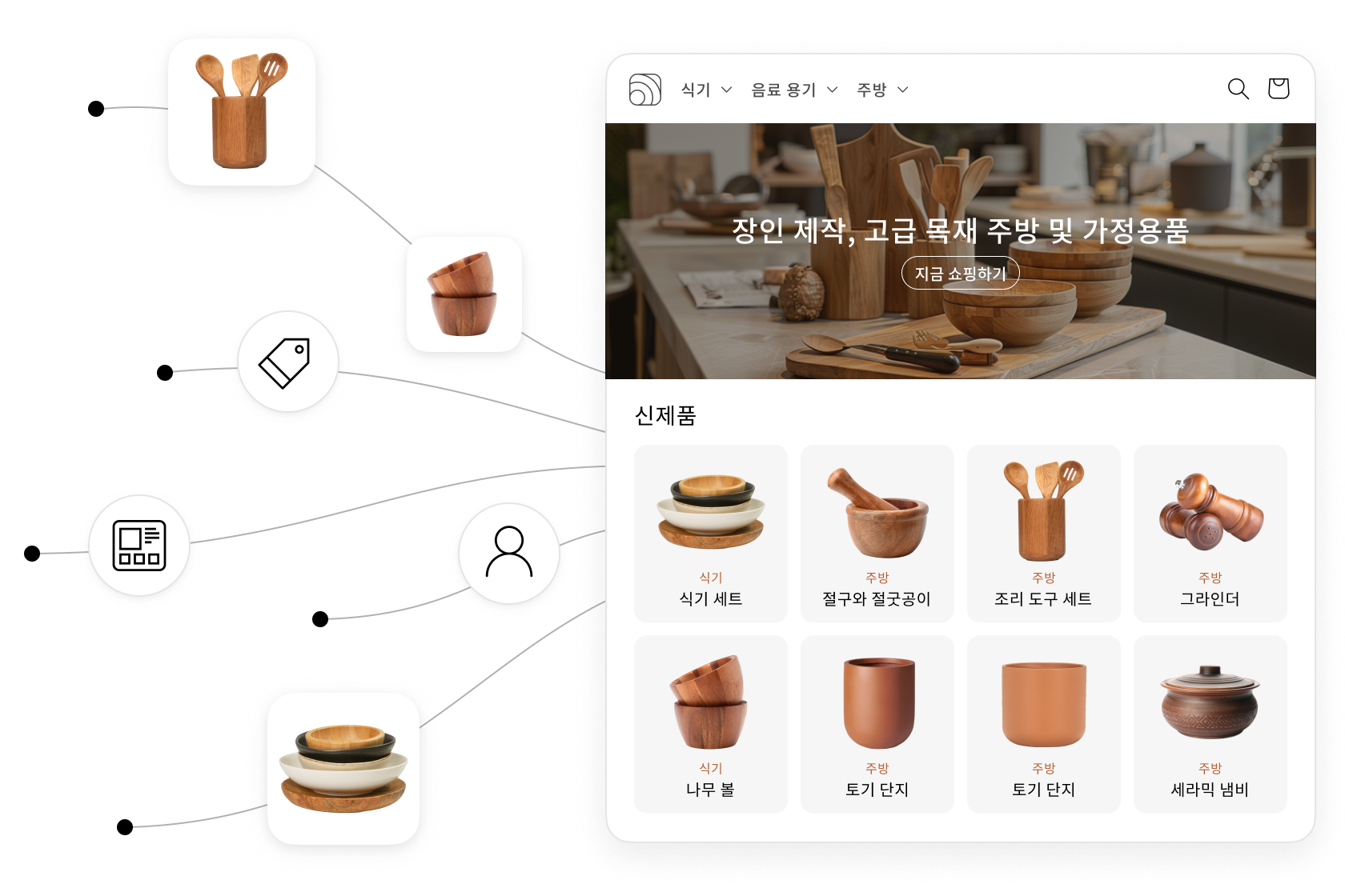 고급 목재 가정용품 브랜드에서 제품을 웹사이트로 가져오는 것을 보여주는 이미지 콜라주