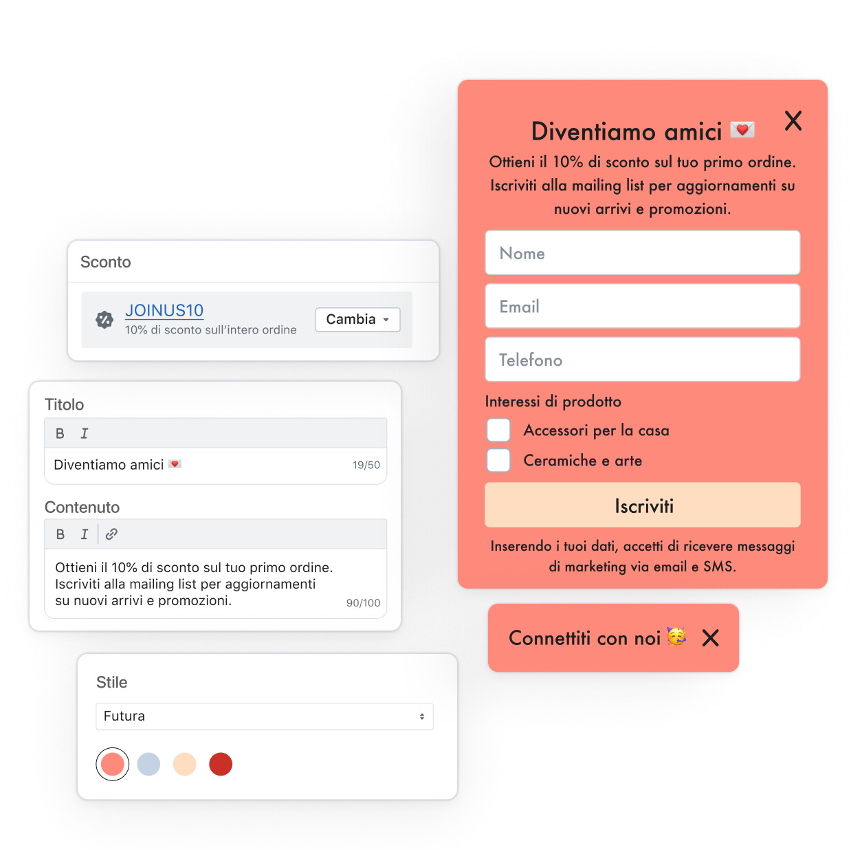 L'immagine rappresenta una finestra pop-up di abbonamento che offre un 10% di sconto con campi da compilare per nome, email e numero di telefono accanto a componenti UI interni che mostrano lo sconto, il contenuto e le selezioni di vari tipi per quel determinato modulo.