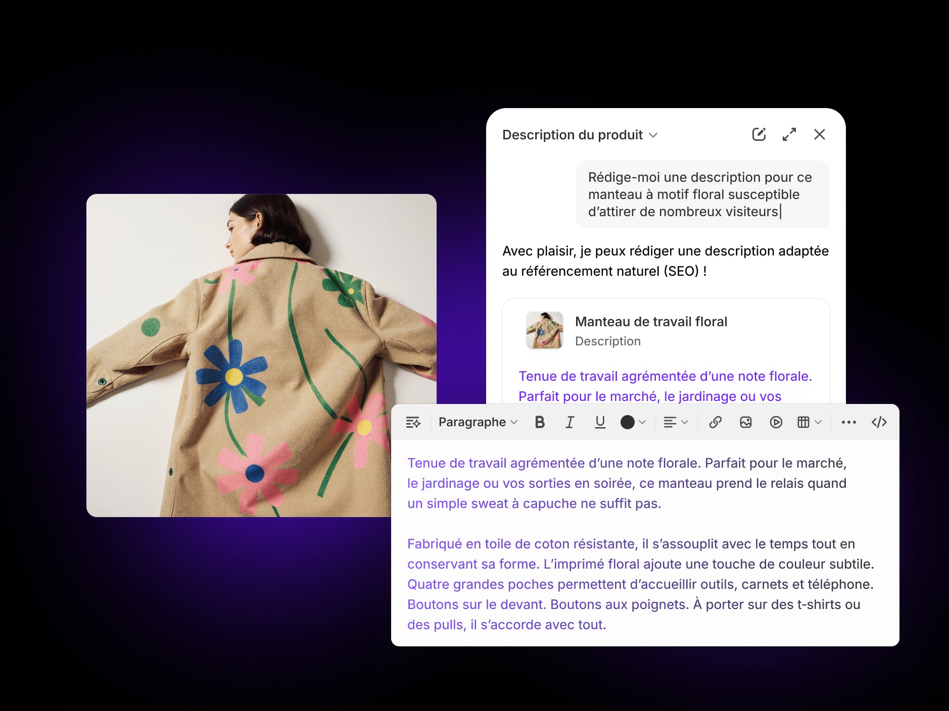 La persona Rédacteur de Sidekick rédige la description du manteau à fleurs Market Coat selon votre demande
