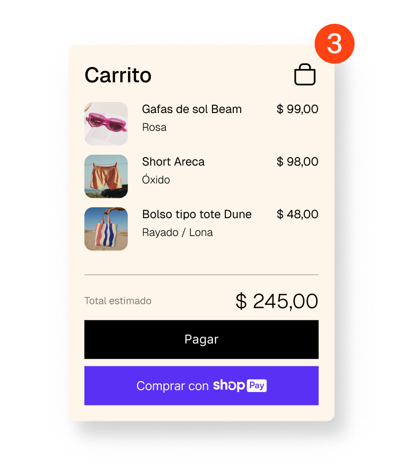Animación en la que se muestra un carrito online que tiene entre uno y tres artículos con un botón de pago y un botón de Shop Pay.