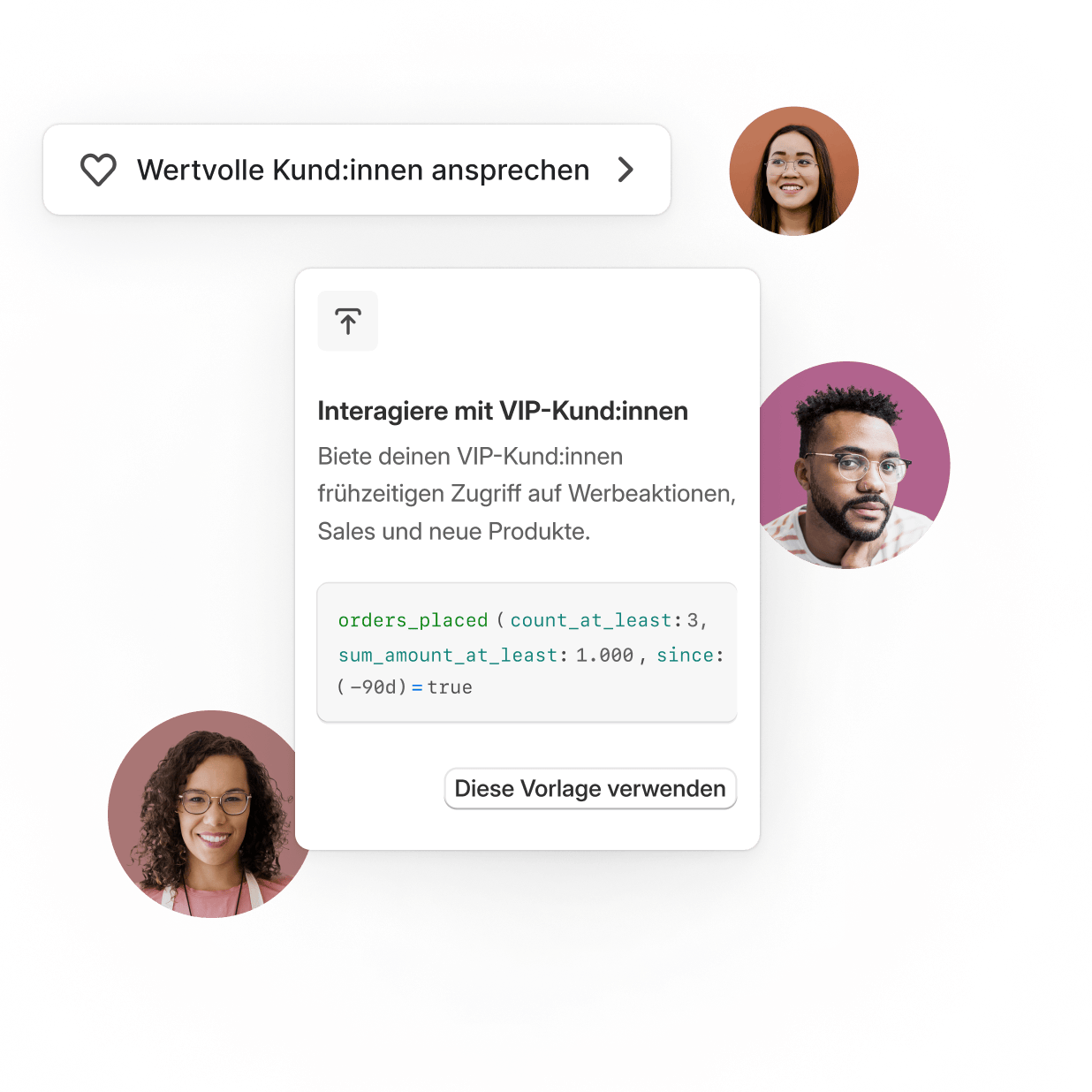 Der Editor aus dem Bereich "Kundensegmente" im Shopify-Adminbereich zeigt Vorlagen für verschiedene Segmente an, z. B. zum Ansprechen von Kund:innen mit hoher Ausgabebereitschaft und zum Umwandeln von Abonnent:innen in Erstkäufer:innen. Verschiedene Gesichter erscheinen in Kreisen um den Editor herum und zeigen die Vielfalt der Menschen, die jedes Segment repräsentiert.