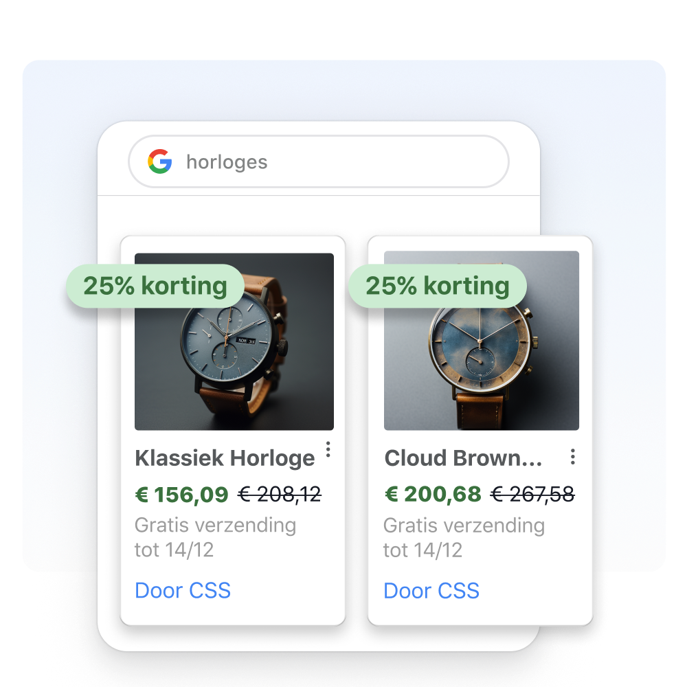 Een venster met Google-zoekresultaten voor horloges met actief Shopping-filter. Daaroverheen producttegels met twee horloges.