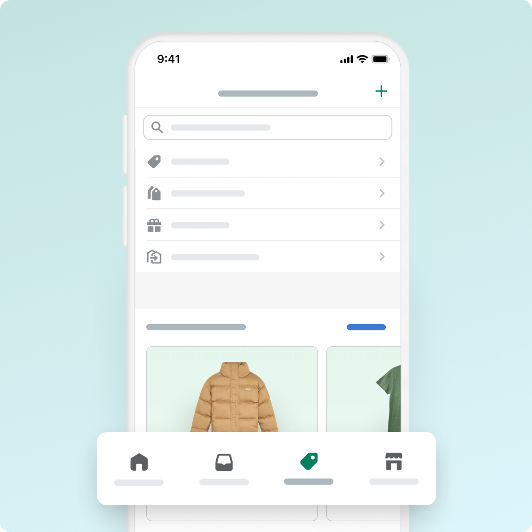 Un celular con la app de Shopify en la pantalla, que muestra el inventario de productos de una tienda online.