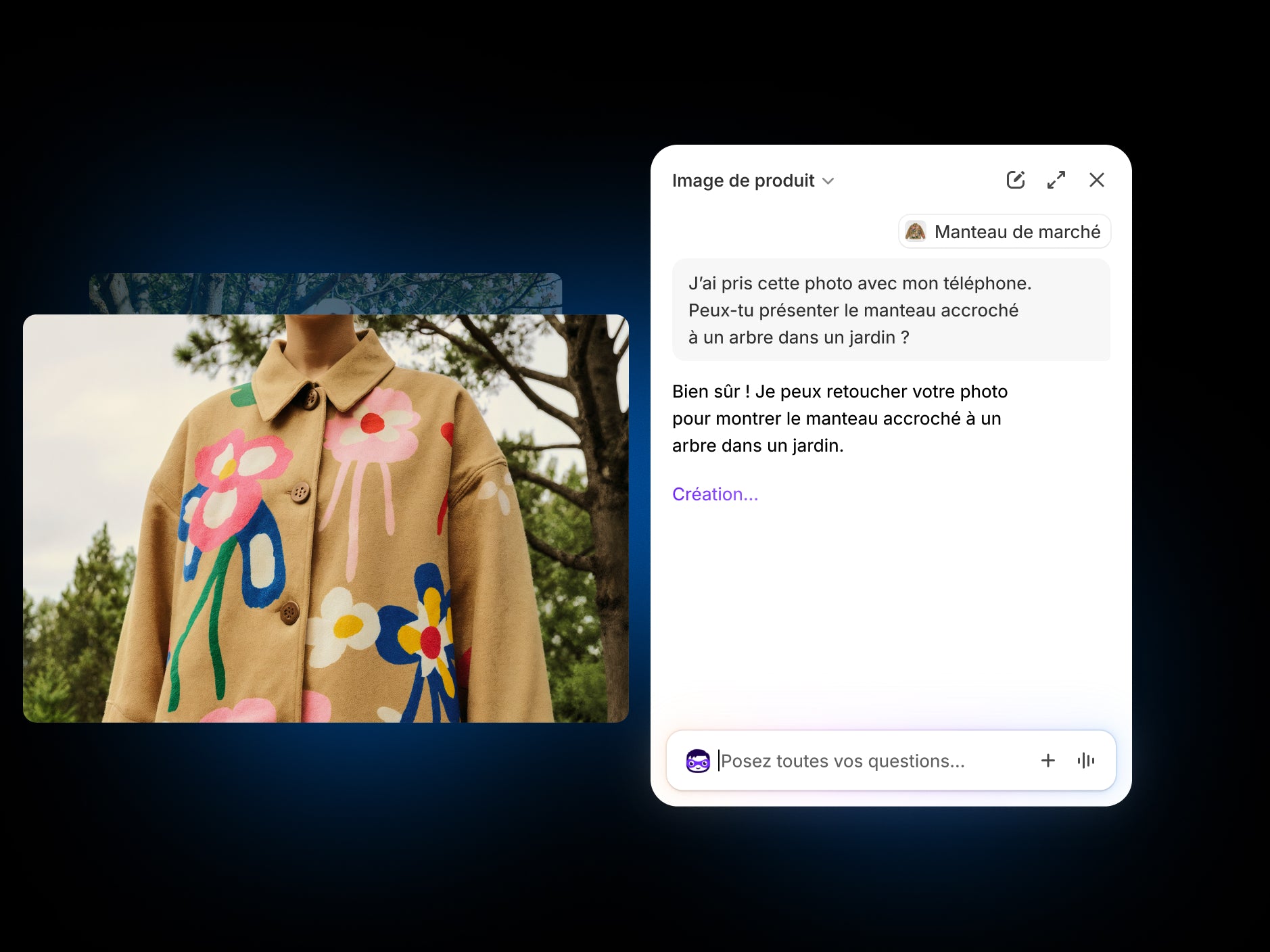 La persona Éditeur de photos de Sidekick génère une image professionnelle du manteau à fleurs Market Coat d’après votre description