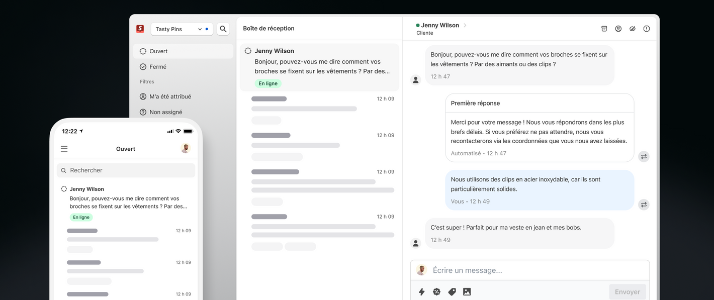 Affichage Shopify Inbox sur appareil mobile et ordinateur montrant un message de la part d’une cliente, Jenny Wilson.