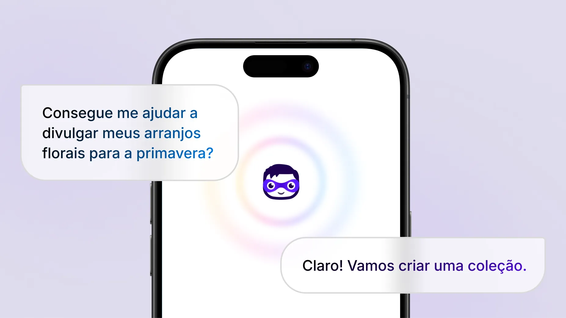 Animação que mostra o seguinte texto entre aspas: “Você pode me ajudar a promover minhas flores de primavera?”. Na tela de um celular, o assistente de IA da Shopify, o Sidekick, responde e sugere a criação de uma nova coleção. O texto da resposta é cercado por ondas de áudio pulsantes, o que indica que a resposta do Sidekick é em áudio. O Sidekick então cria uma coleção de produtos chamada Spring Florals com três buquês em destaque.