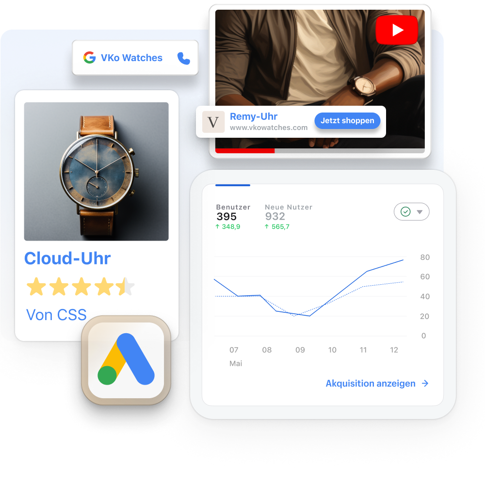 Fenster mit Google-Anzeigen, in denen zwei braune Armbanduhren präsentiert werden. In einem weiteren Fenster mit einer YouTube-Anzeige wird eine Armbanduhr in Marineblau gezeigt. Ein kleines Overlay-Fenster mit einer kompakten geschäftlichen Anzeige mit Kontaktinformationen.