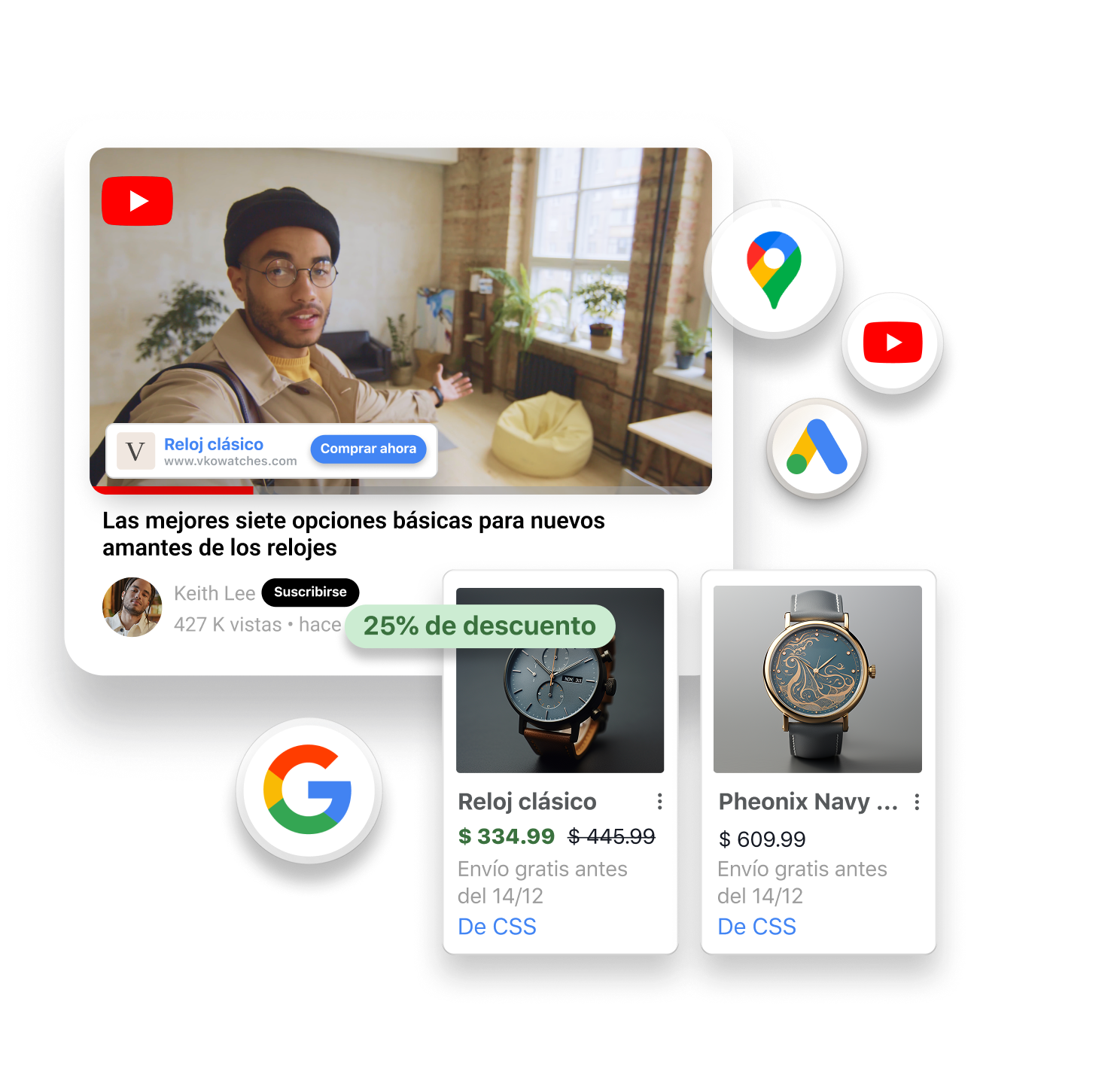 Video de YouTube en el que se muestra a un hombre con un reloj café en la muñeca hablando a la cámara. Sobre la ventana del video se muestra un recuadro de producto con dos relojes a la venta. Alrededor de las ventanas se muestran los logos de Google, Google Maps, Google Shopping y YouTube en tamaño pequeño.