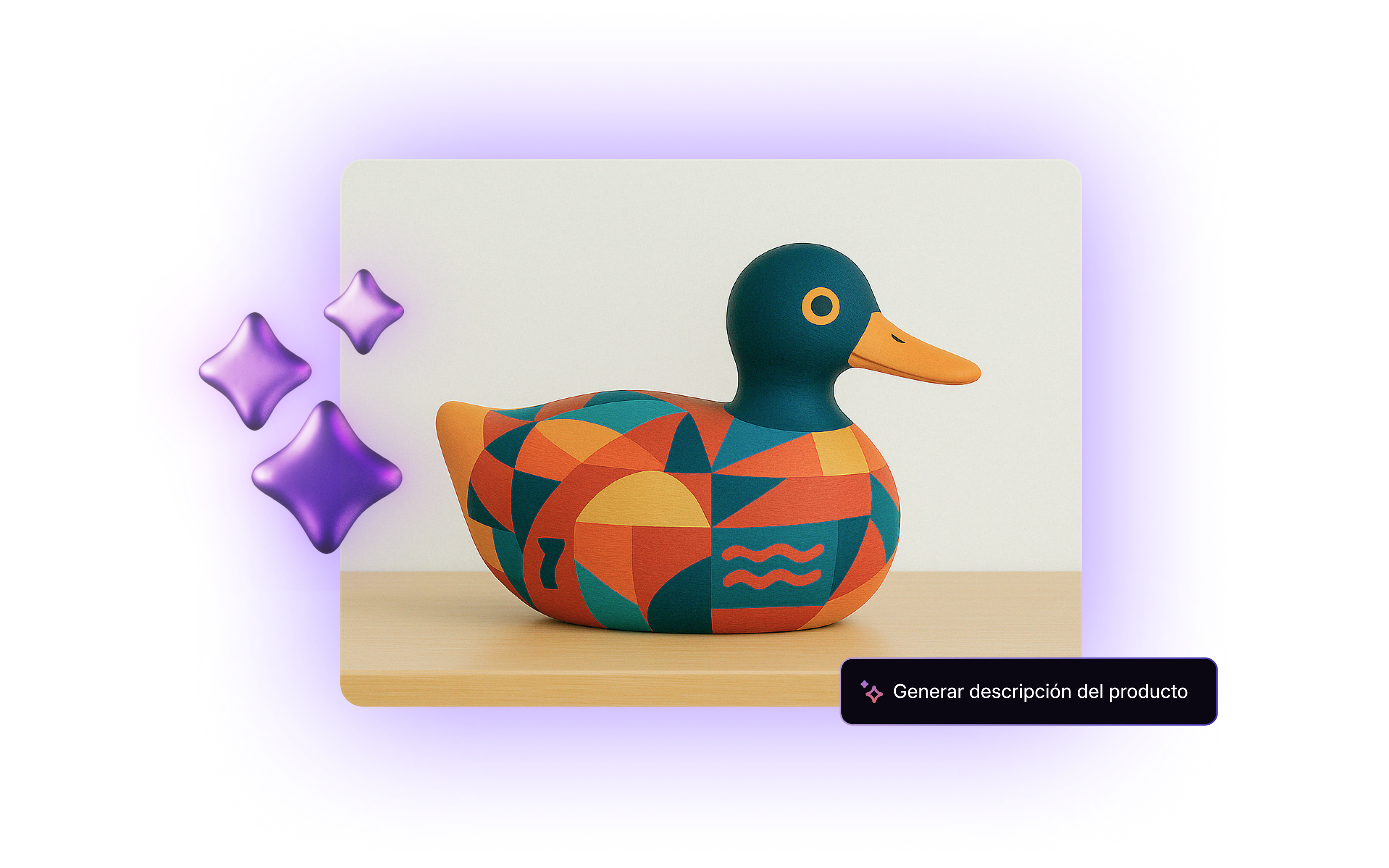 Animación interactiva que muestra cómo se toma una foto de un pato tallado y pintado con un fondo desordenado y el asistente de IA de Shopify reemplaza el fondo y después genera una descripción del producto.