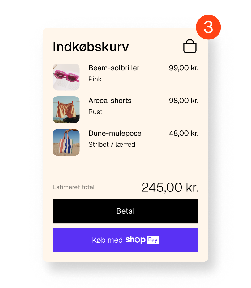 Animation, der viser en online indkøbskurv med én til tre varer med en betalingsknap og en Shop Pay-knap.