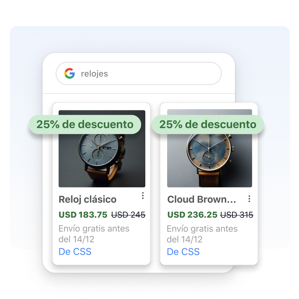Una ventana de resultados de búsqueda de relojes en Google, bajo el filtro de compras. En la ventana de resultados de búsqueda se superponen recuadros de productos que muestran dos relojes en oferta.