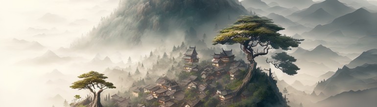 We see a tree-clad mountaintop and a settlement hidden in the mist from a bird's-eye vantage point.