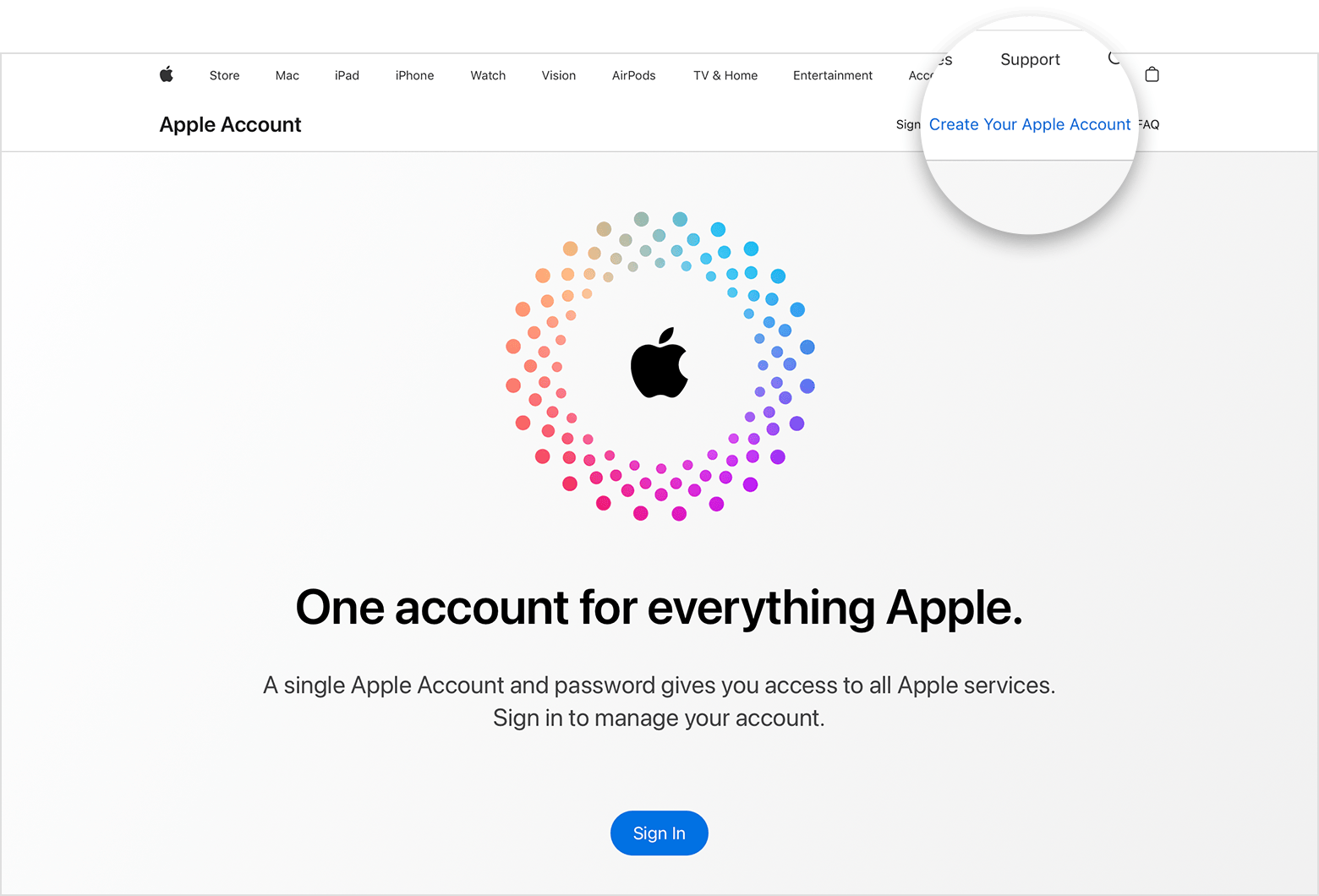 Web screen showing the link for Create your Apple Account.