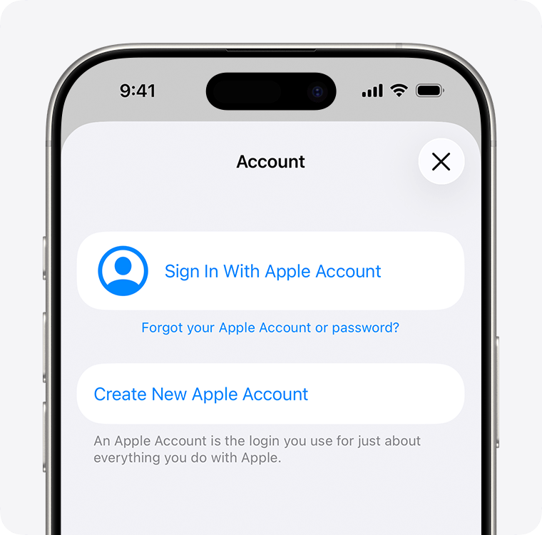 iPhone screen showing the option to Create New Apple Account.