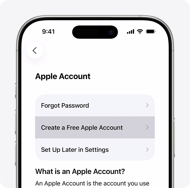 iPhone screen showing the option to select Create a Free Apple Account.