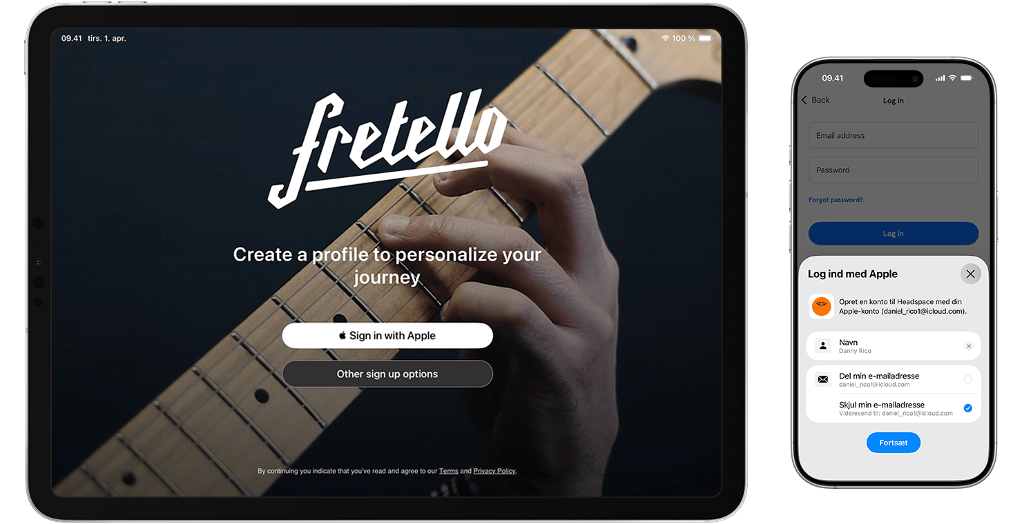 En iPad og iPhone, der viser knappen Log ind med Apple i apps.