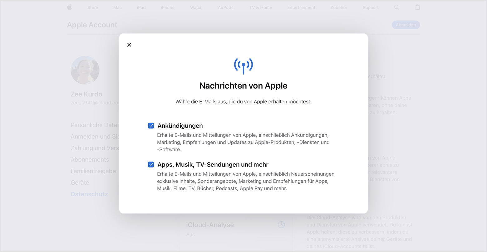 Die Apple Account-Website, auf der gezeigt wird, welche Arten von E-Mails abonniert werden können