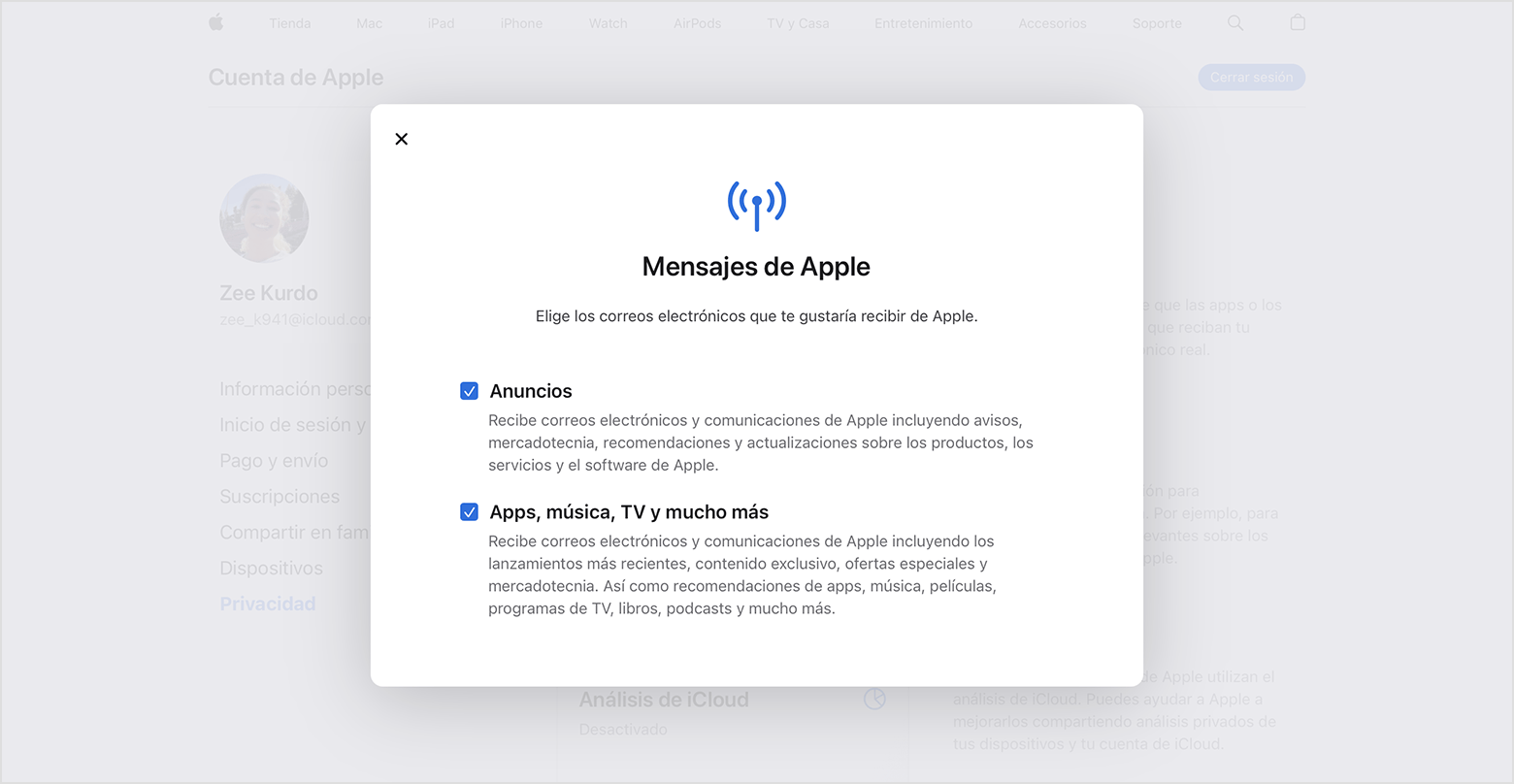 El sitio web de la cuenta de Apple que muestra los tipos de correos electrónicos a los que puedes suscribirte