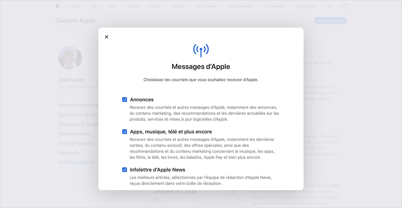 Le site Web Compte Apple qui affiche les types de courriels auxquels vous pouvez vous abonner
