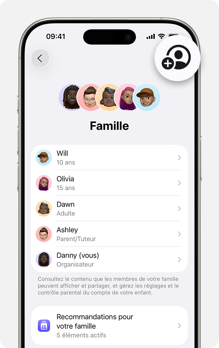 Réglages de l’iPhone affichant les réglages Famille, avec le bouton Ajouter un membre mis en évidence.