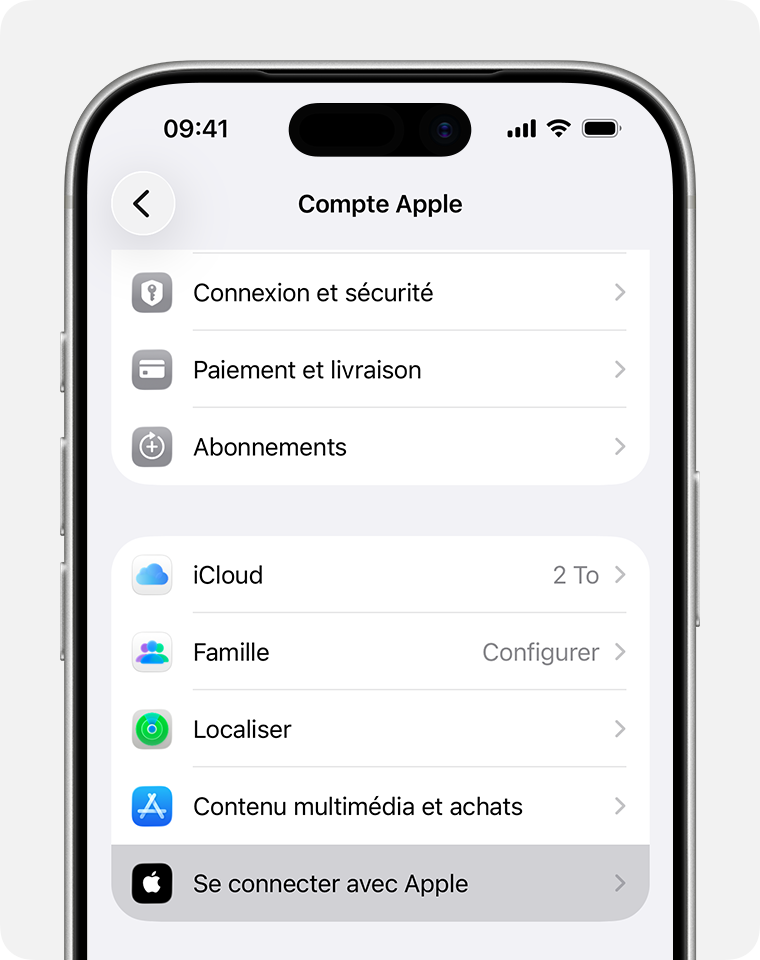 Écran de l’iPhone montrant l’emplacement des Réglages pour le service Se connecter avec Apple