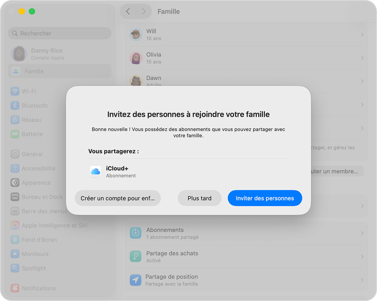 Réglages Système Mac affichant l’invitation à rejoindre un groupe de partage familial et le bouton Créer un compte enfant.