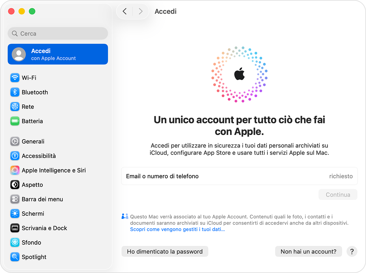 Un Mac che mostra Impostazioni di Sistema e dove accedere con il tuo Apple Account.