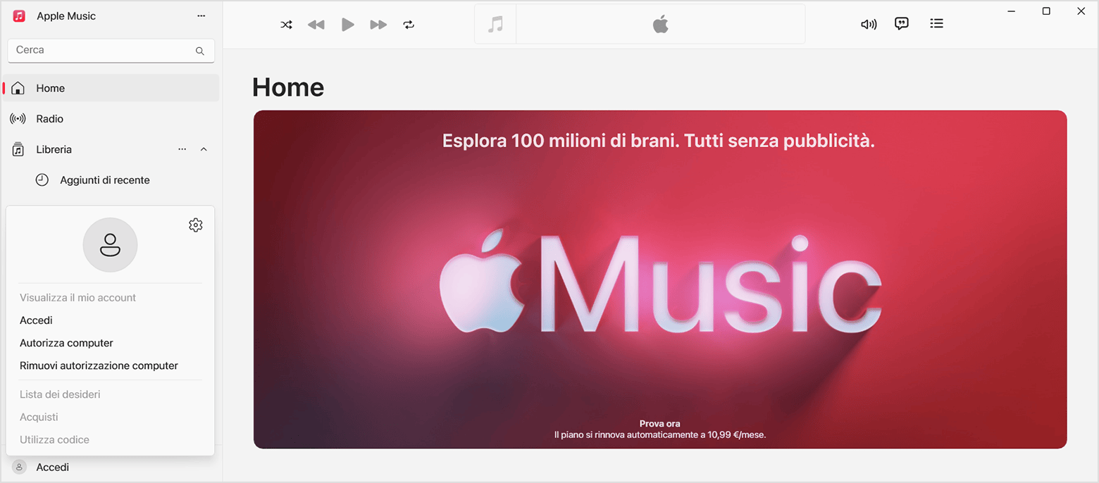 Accedi con il tuo Apple Account nell'app Apple Music per Windows