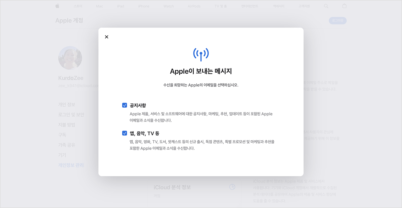 구독할 수 있는 이메일 유형이 표시된 Apple 계정 웹사이트
