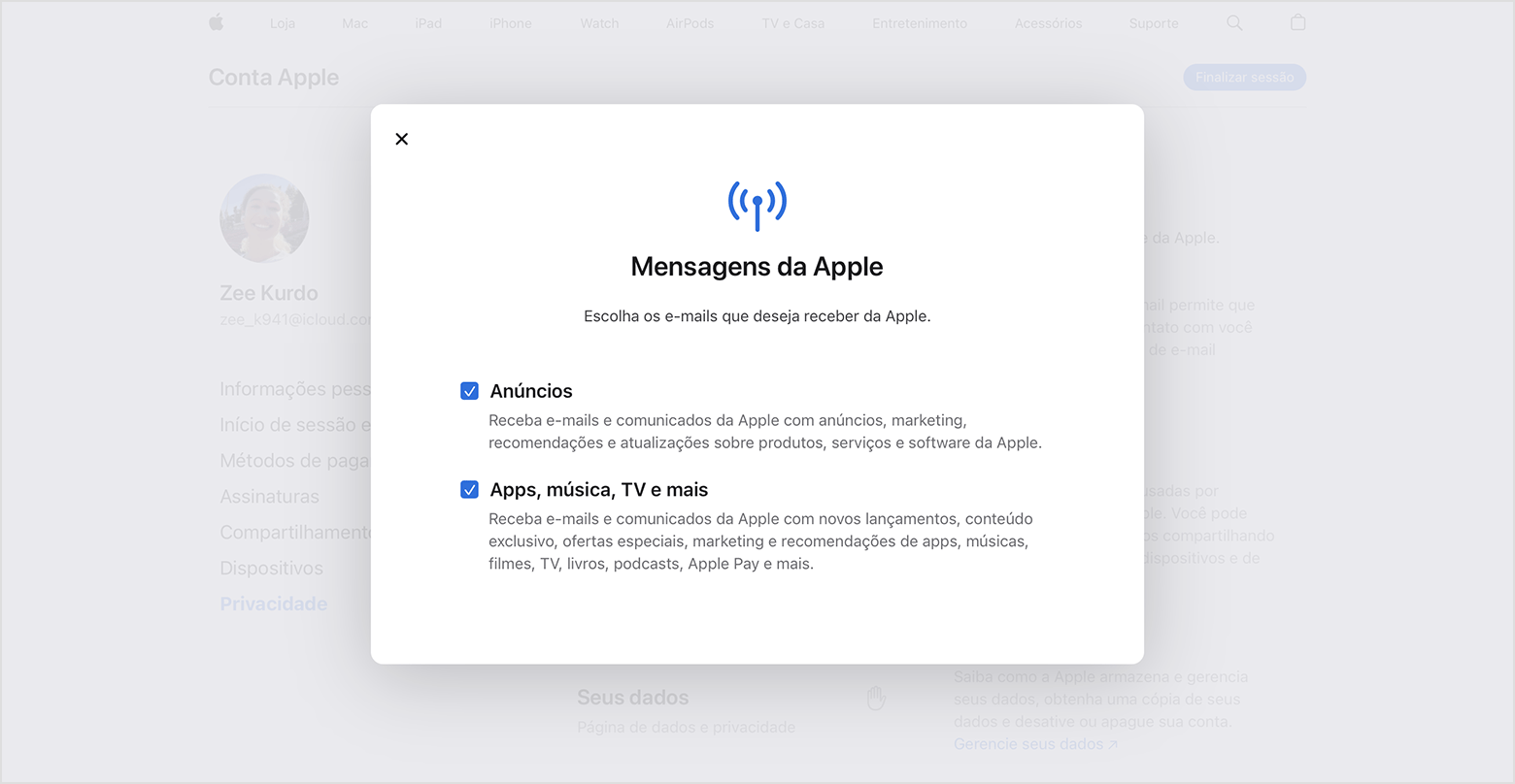 Site Conta Apple mostrando em quais tipos de e-mails você pode se inscrever